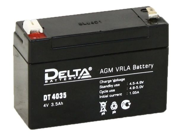 Аккумулятор для ИБП Delta Battery DT 4035 3,5А/ч-4V- EN1 зажим (FASTON) прямая 90x34x66